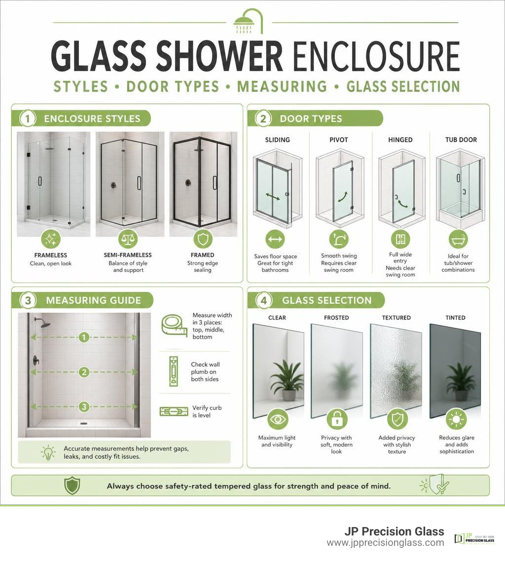 Glass shower enclosure styles, door types, measuring, and glass selection infographic Glass shower enclosure styles, door types, measuring, and glass selection infographic