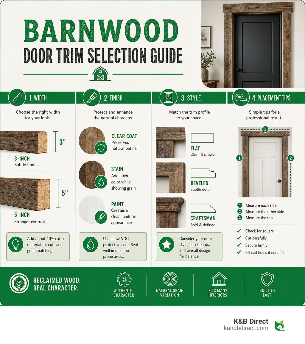 Barnwood door trim selection guide with width, finish, style, and placement tips infographic
