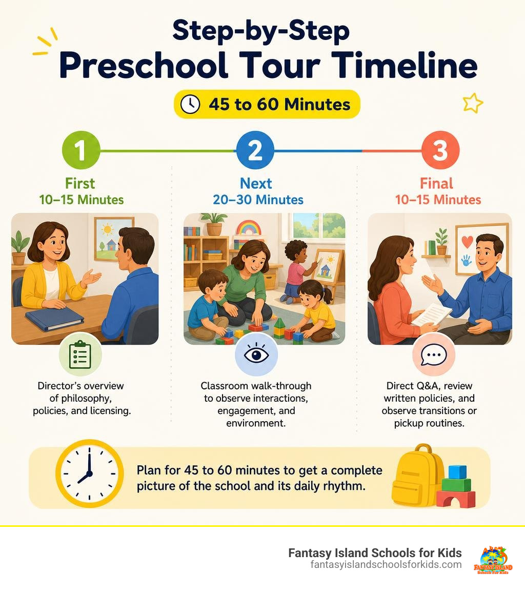 Step-by-step 45 to 60 minute preschool tour timeline infographic Step-by-step 45 to 60 minute preschool tour timeline infographic