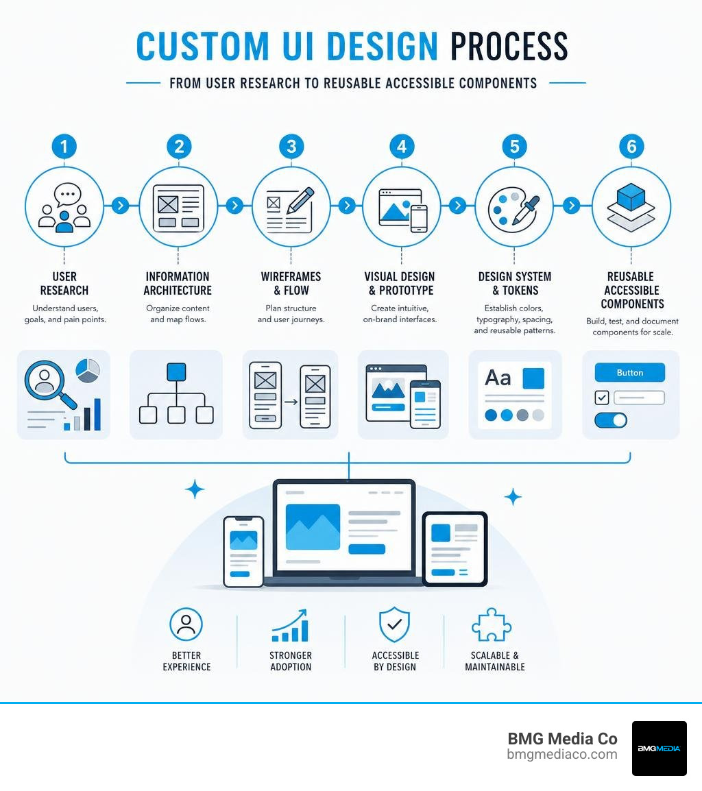 Custom UI design process from user research to reusable accessible components infographic
