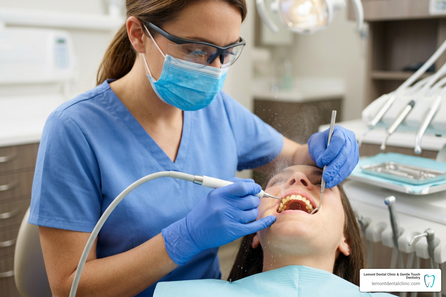 Ultrasonic scaler safely cleaning hardened buildup from teeth Ultrasonic scaler safely cleaning hardened buildup from teeth