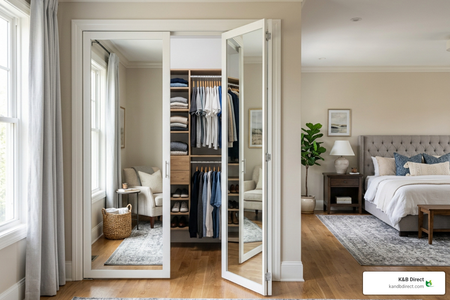Modern master bedroom closet with framed safety-backed mirrored folding doors