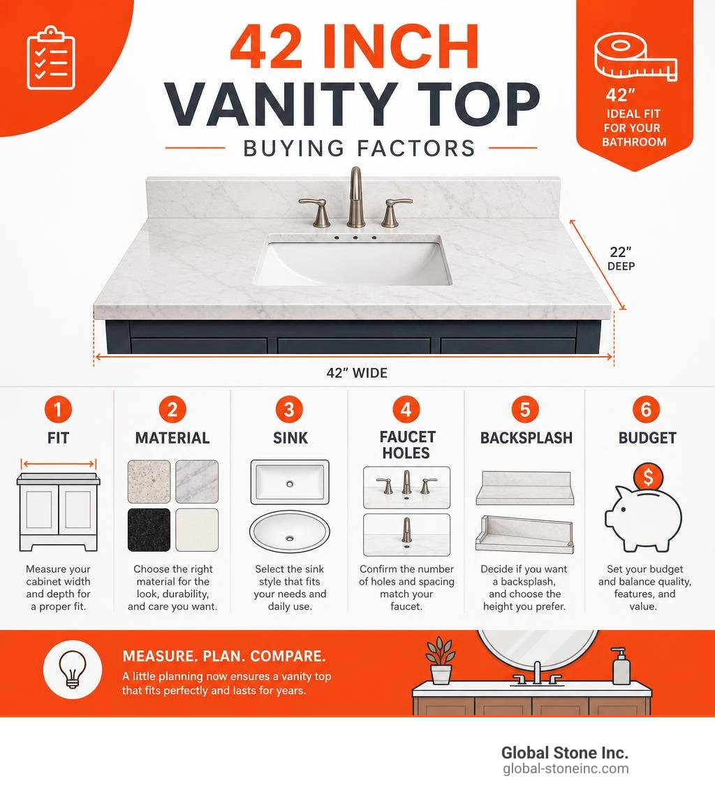 42 inch vanity top buying factors: fit, material, sink, faucet holes, backsplash, and budget infographic 42 inch vanity top buying factors: fit, material, sink, faucet holes, backsplash, and budget infographic