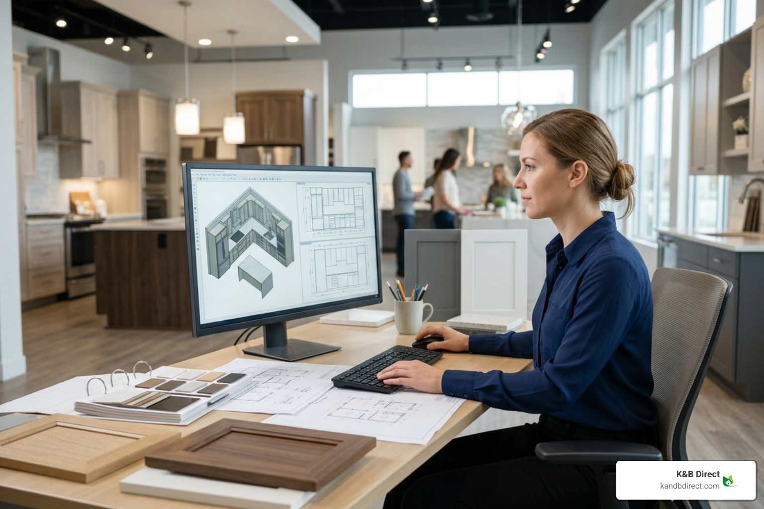 Kitchen designer working on 3D layout plan and cabinet elevation Kitchen designer working on 3D layout plan and cabinet elevation