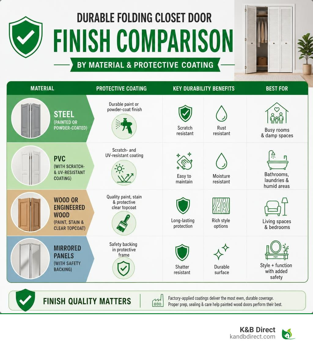 Durable folding closet door finish comparison by material and protective coating infographic