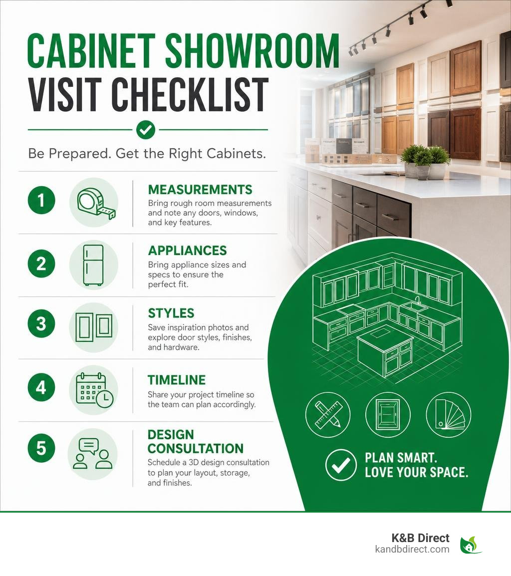 Cabinet showroom visit checklist: measurements, appliances, styles, timeline, and design consultation infographic Cabinet showroom visit checklist: measurements, appliances, styles, timeline, and design consultation infographic