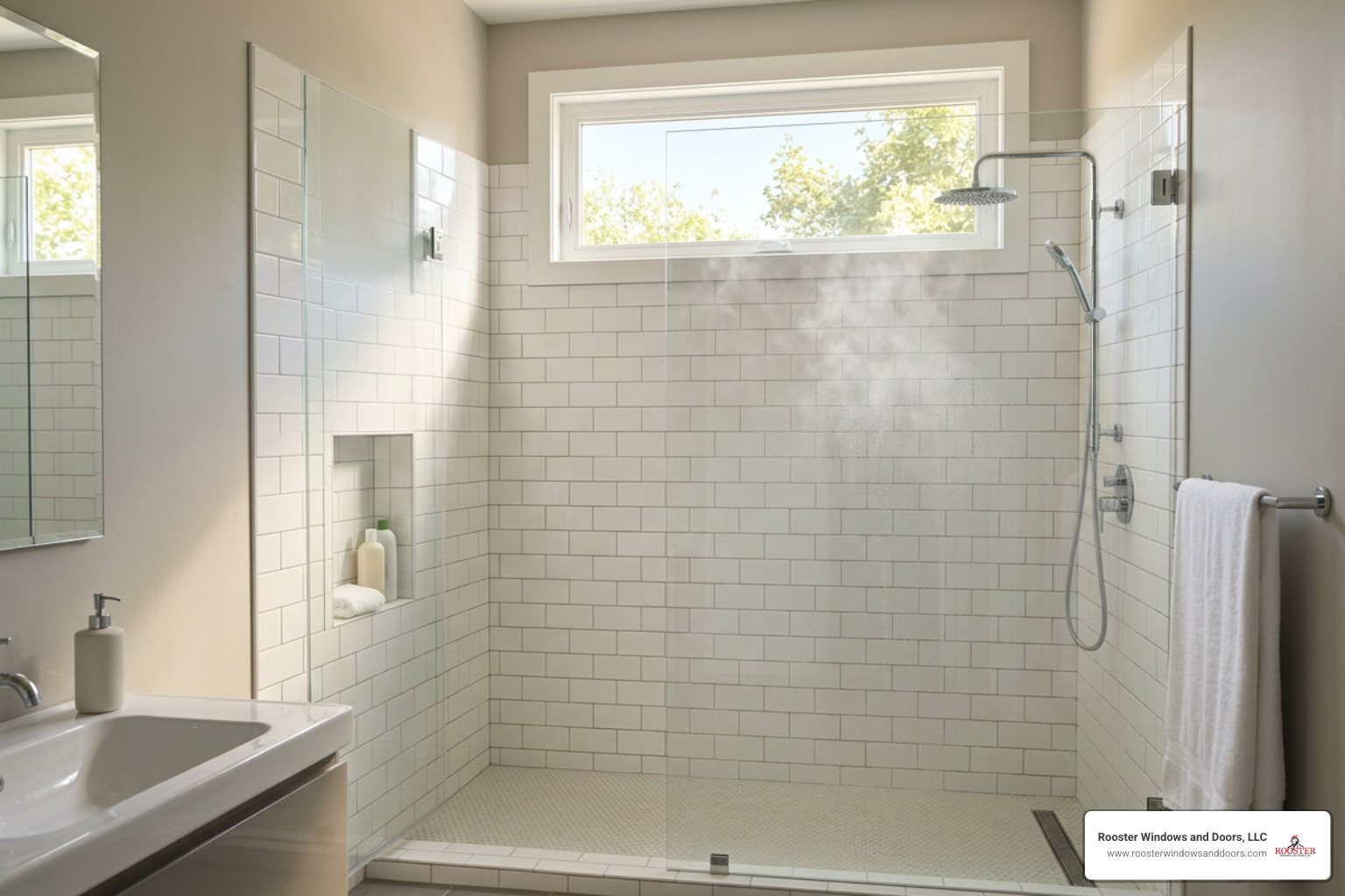 Shower transom window installed high on a tiled bathroom wall Shower transom window installed high on a tiled bathroom wall
