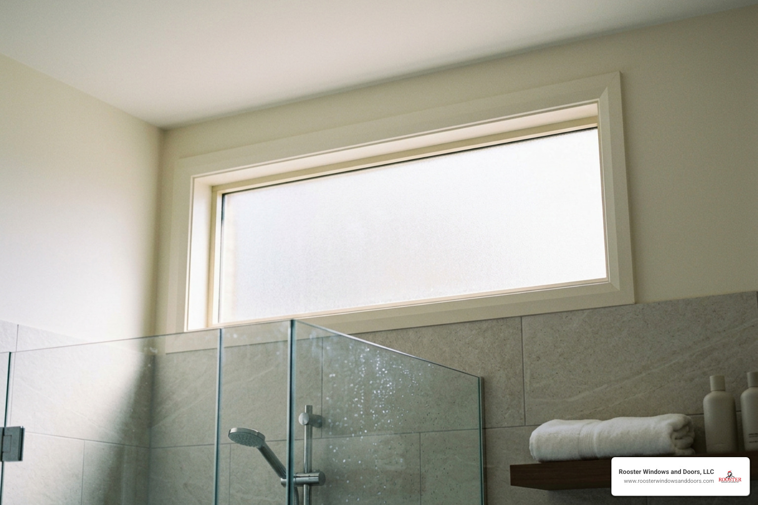 Frosted glass transom window highlighting soft ambient bathroom lighting Frosted glass transom window highlighting soft ambient bathroom lighting
