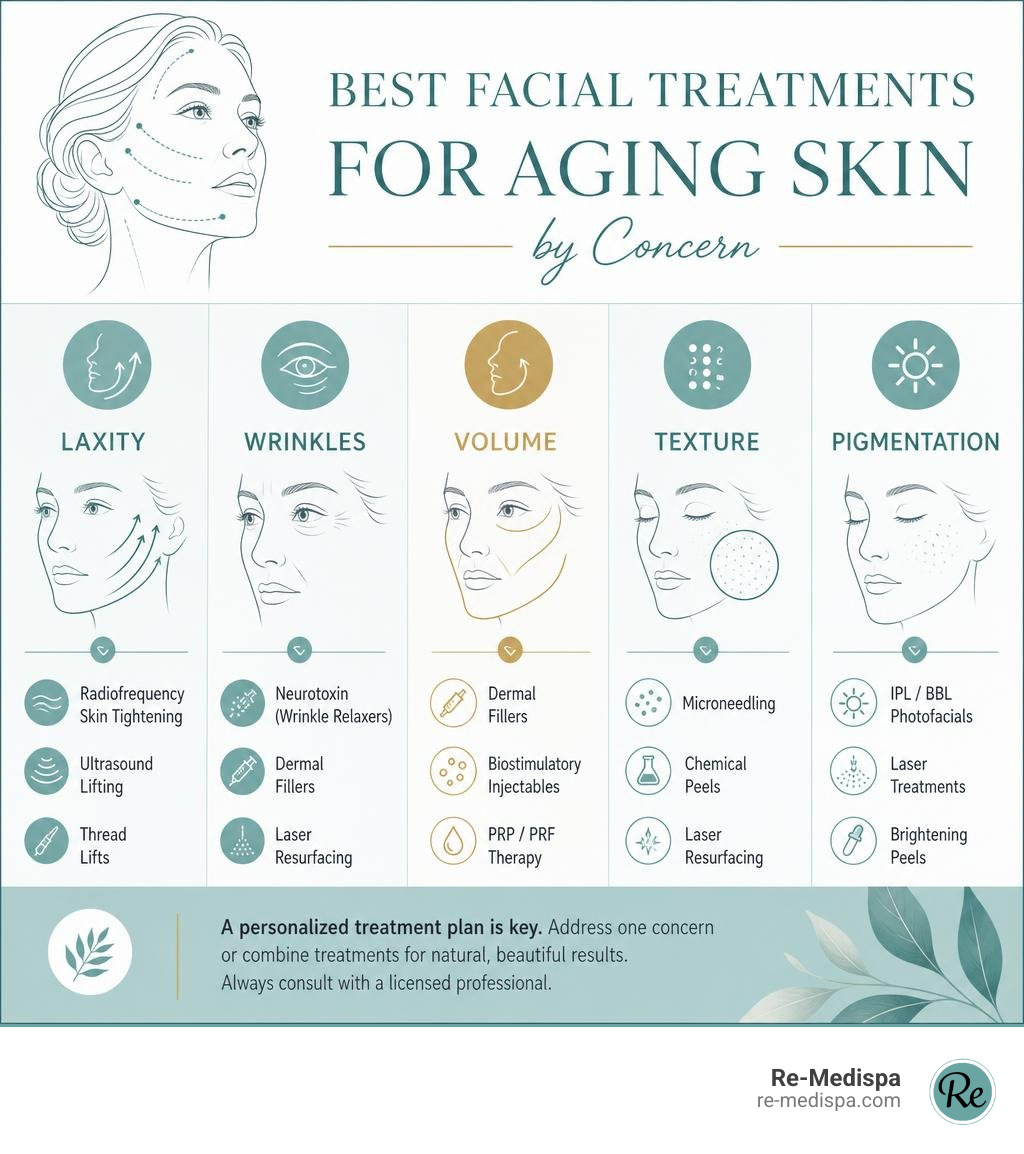 Best facial treatments for aging skin by concern: laxity, wrinkles, volume, texture, and pigmentation infographic Best facial treatments for aging skin by concern: laxity, wrinkles, volume, texture, and pigmentation infographic