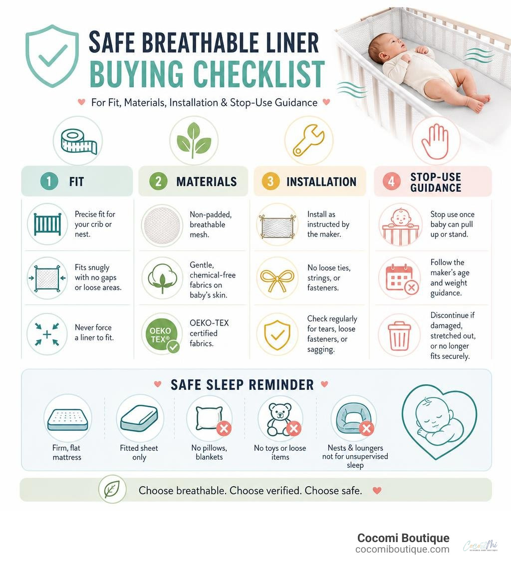 Safe breathable liner buying checklist for fit materials installation and stop-use guidance infographic Safe breathable liner buying checklist for fit materials installation and stop-use guidance infographic