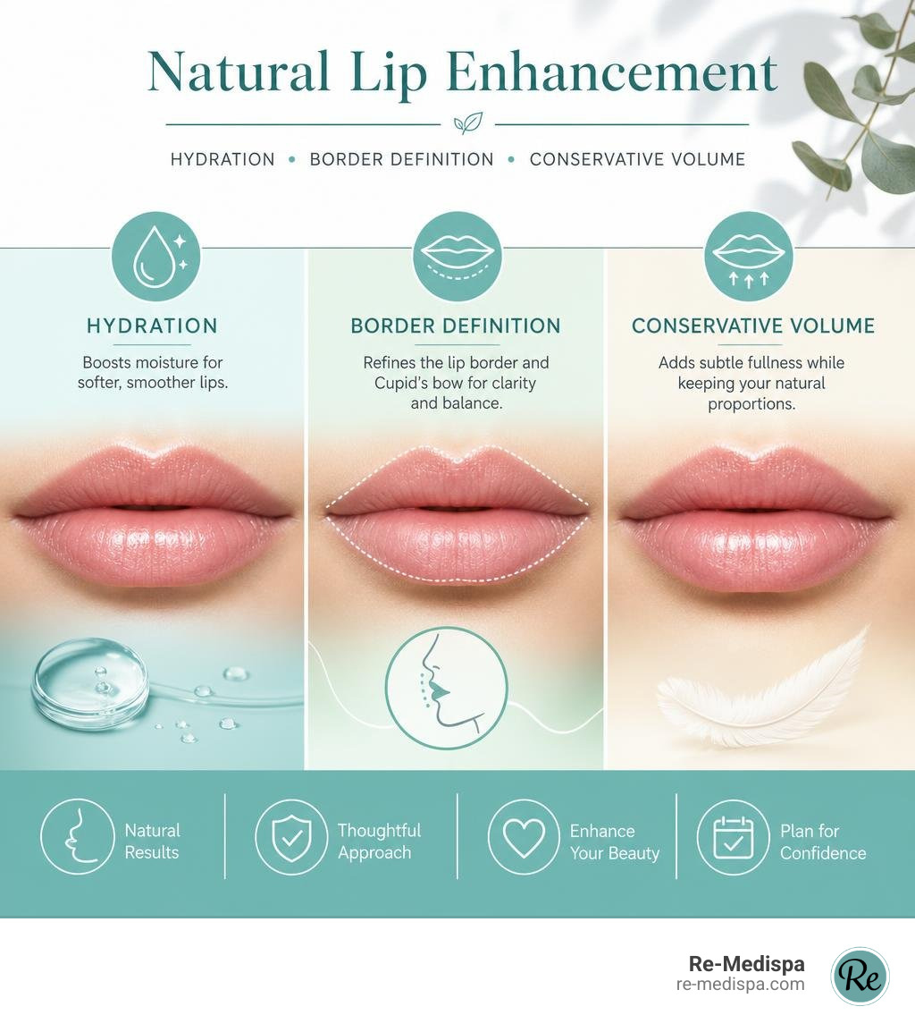 Natural lip enhancement showing hydration, border definition, and conservative volume infographic Natural lip enhancement showing hydration, border definition, and conservative volume infographic