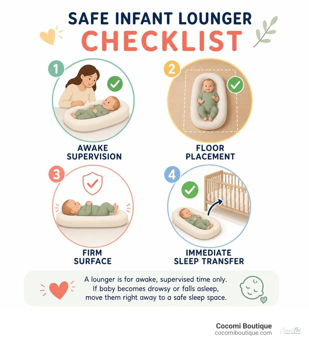 Safe infant lounger checklist: awake supervision, floor placement, firm surface, immediate sleep transfer infographic