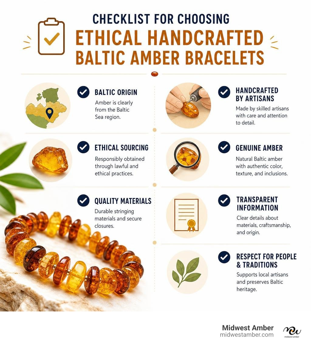 Checklist for choosing ethical handcrafted Baltic amber bracelets infographic