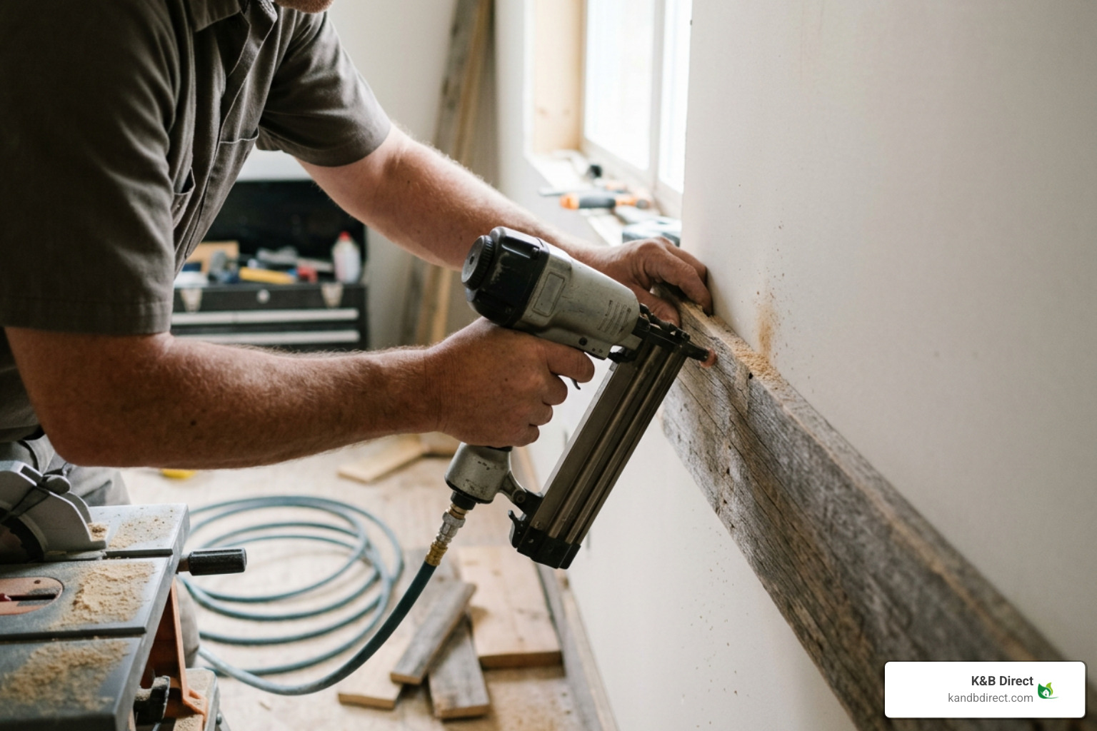 carpenter securing rustic baseboard with a finish nail gun