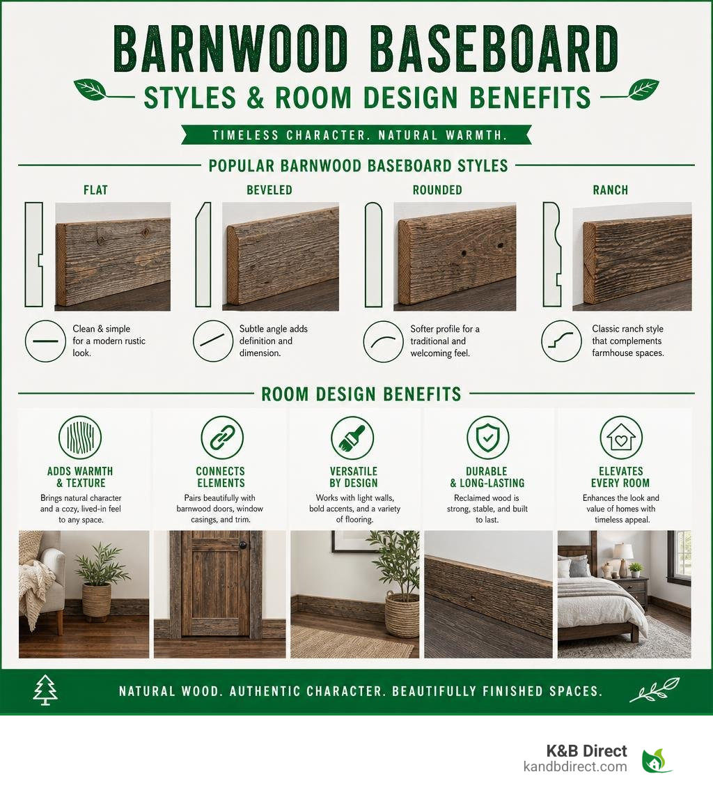 Barnwood baseboard styles and room design benefits infographic