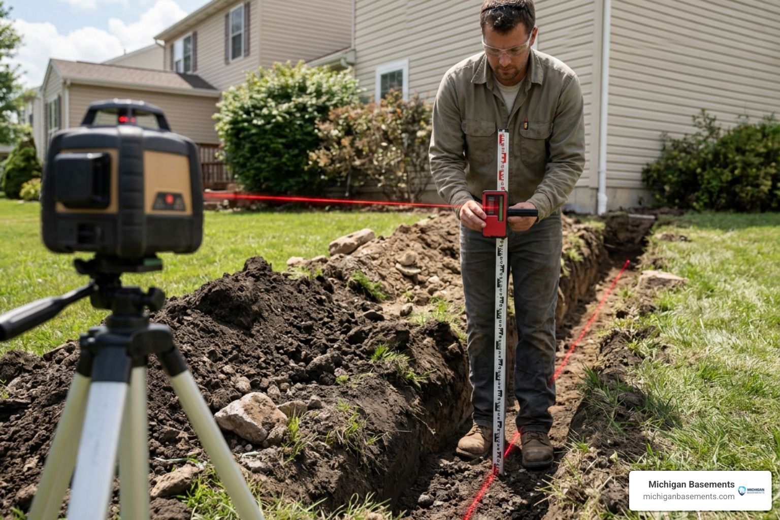 Measuring French drain trench grade with a laser level Measuring French drain trench grade with a laser level
