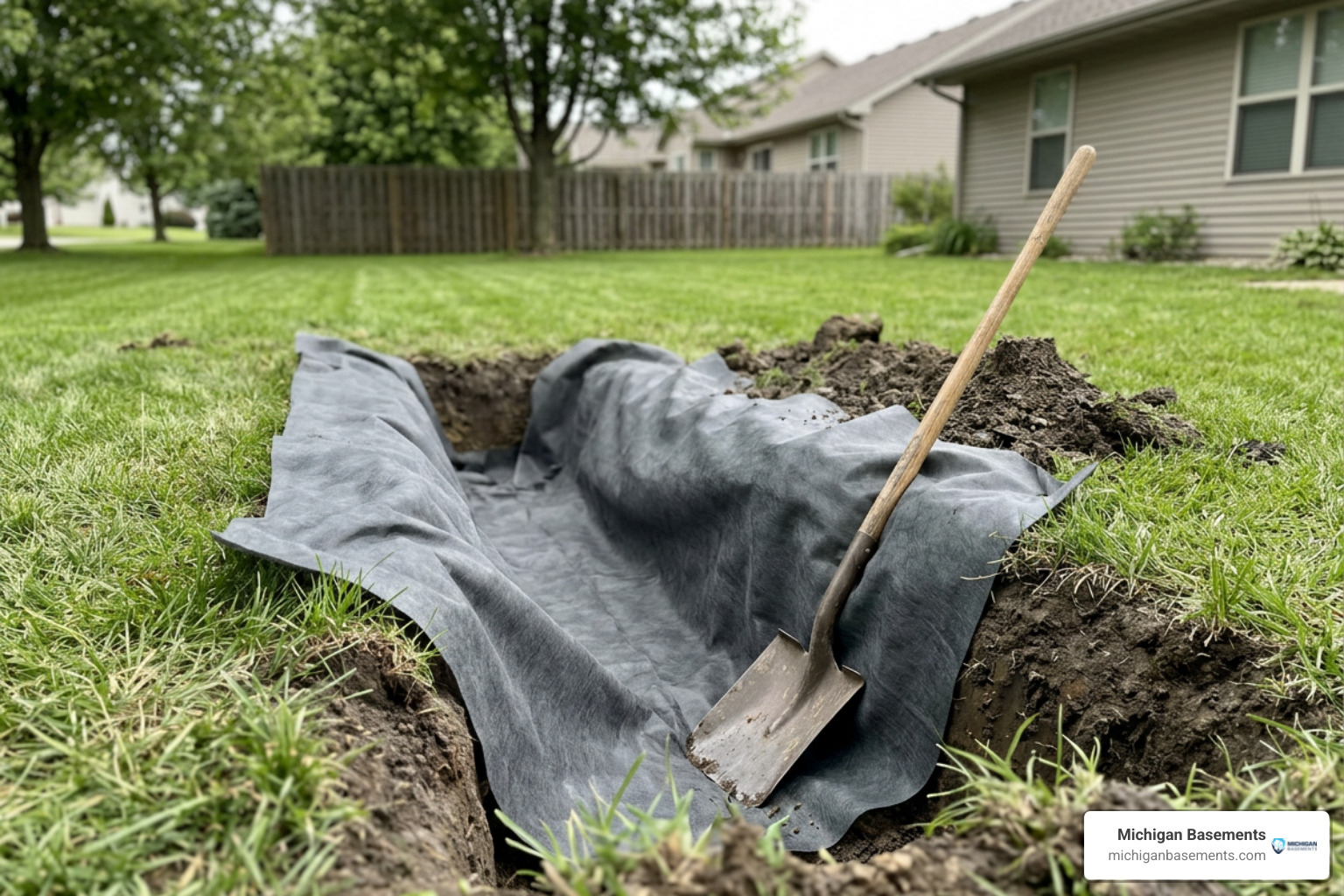 Lining a trench with non-woven geotextile fabric Lining a trench with non-woven geotextile fabric
