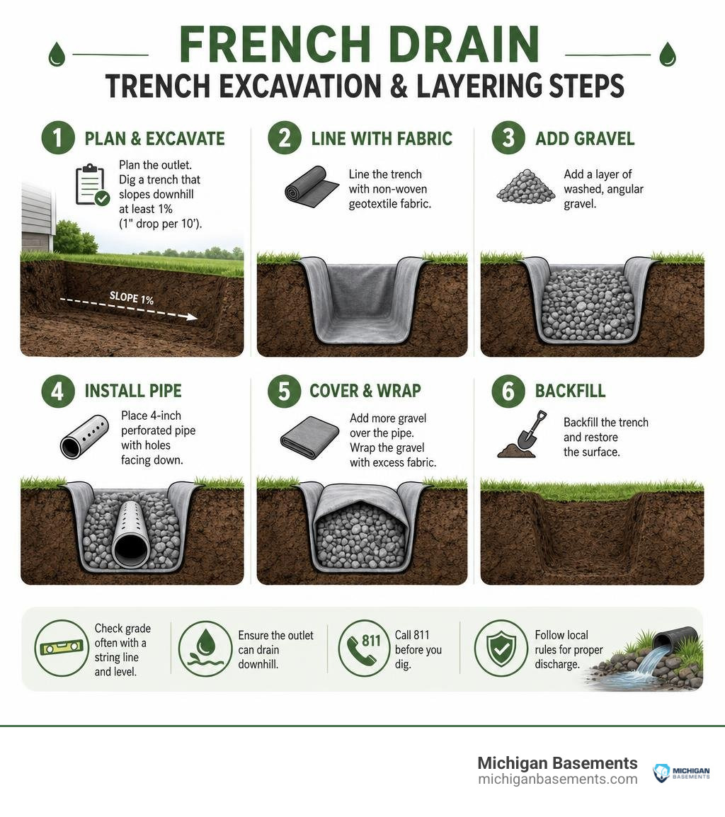 French drain trench excavation and layering steps infographic French drain trench excavation and layering steps infographic