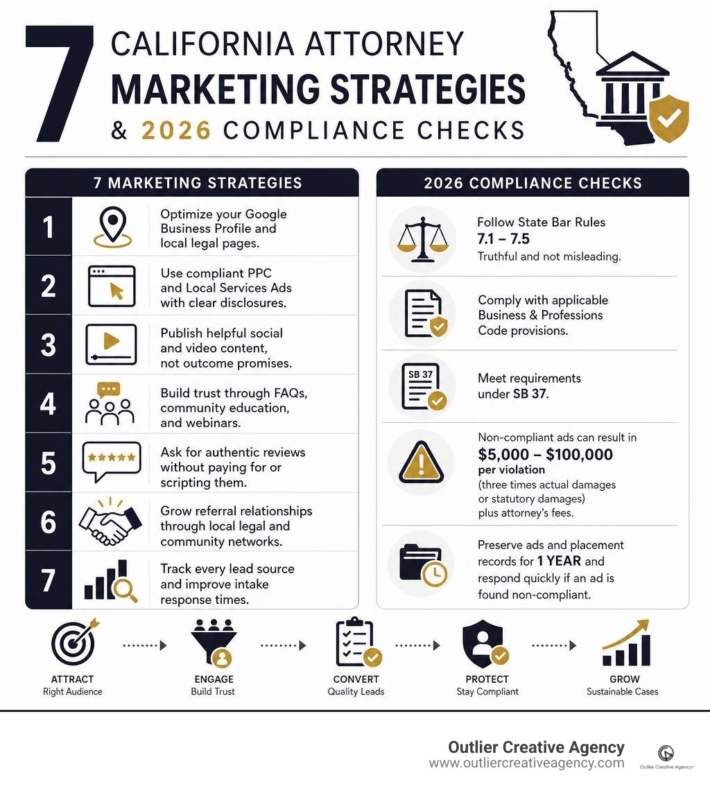 Infographic showing seven California attorney marketing strategies and 2026 compliance checks infographic