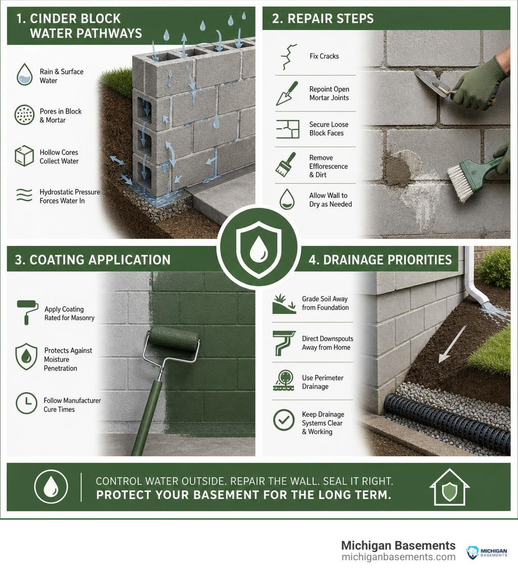 Cinder block water pathways, repair steps, coating application, and drainage priorities infographic