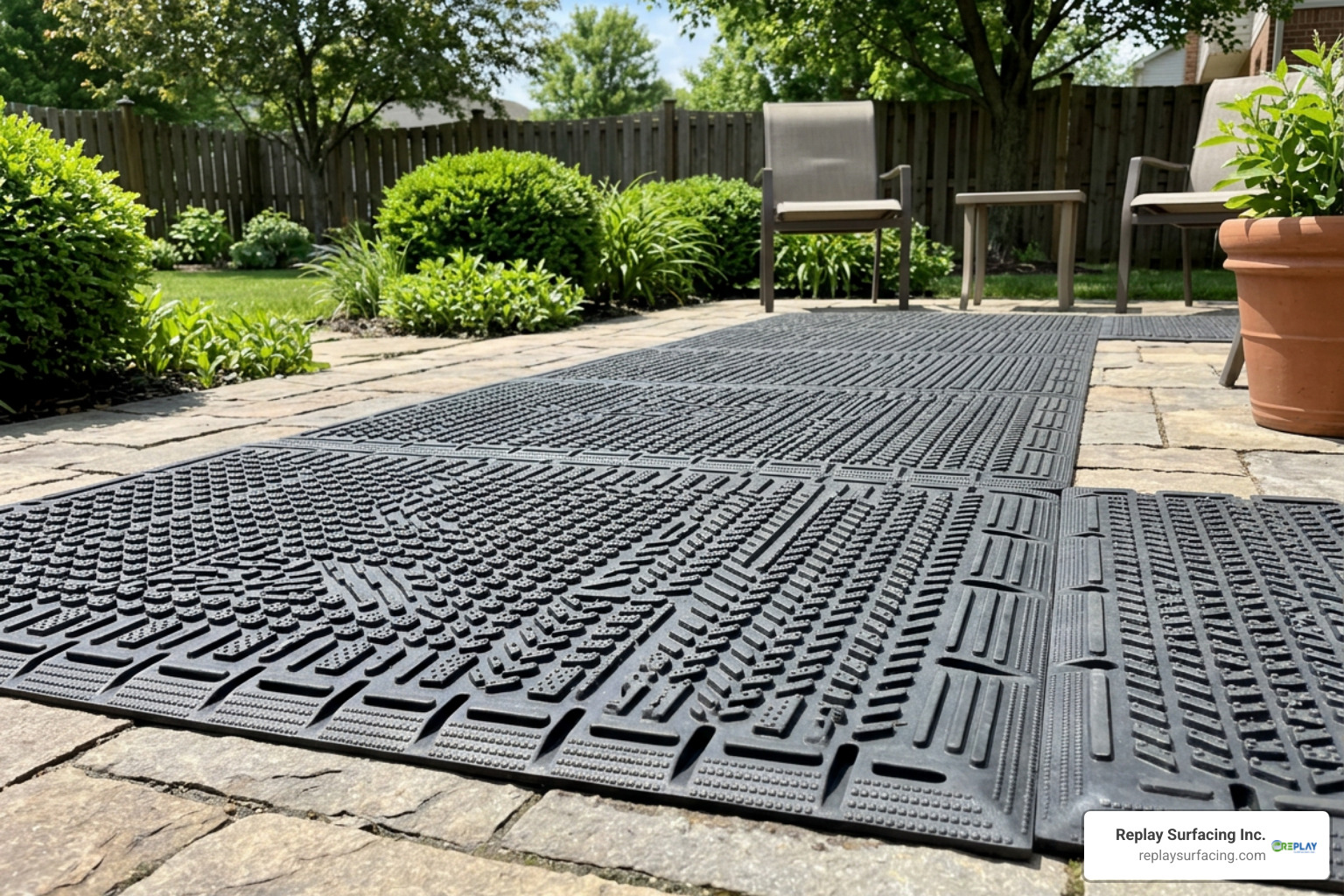 Heavy-duty exterior rubber mats showing textured patterns and drainage channels Heavy-duty exterior rubber mats showing textured patterns and drainage channels