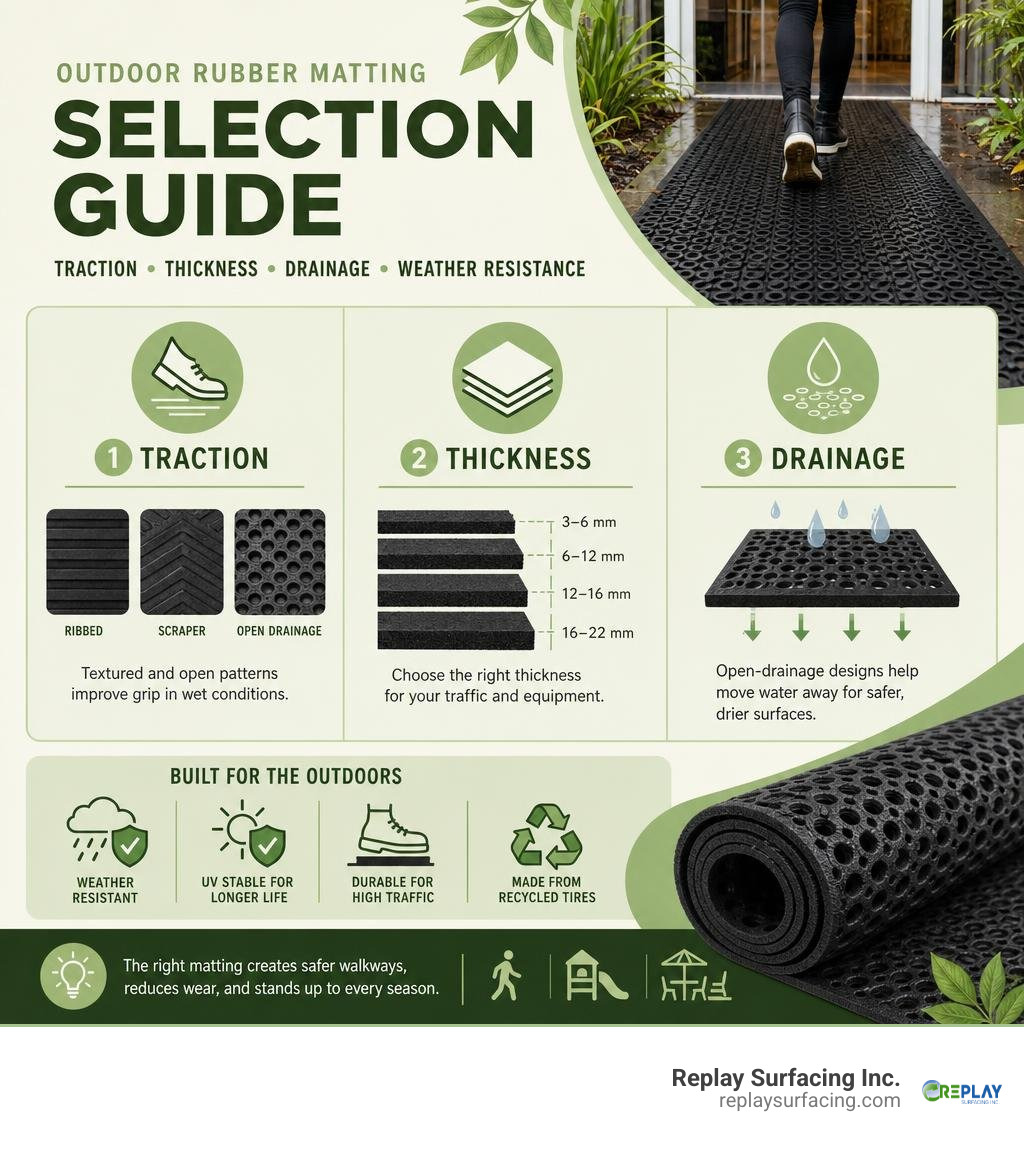 Outdoor rubber matting selection guide for traction thickness drainage and weather resistance infographic Outdoor rubber matting selection guide for traction thickness drainage and weather resistance infographic