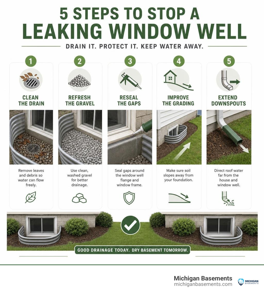 Infographic showing drain cleaning gravel sealing grading and downspout extension infographic