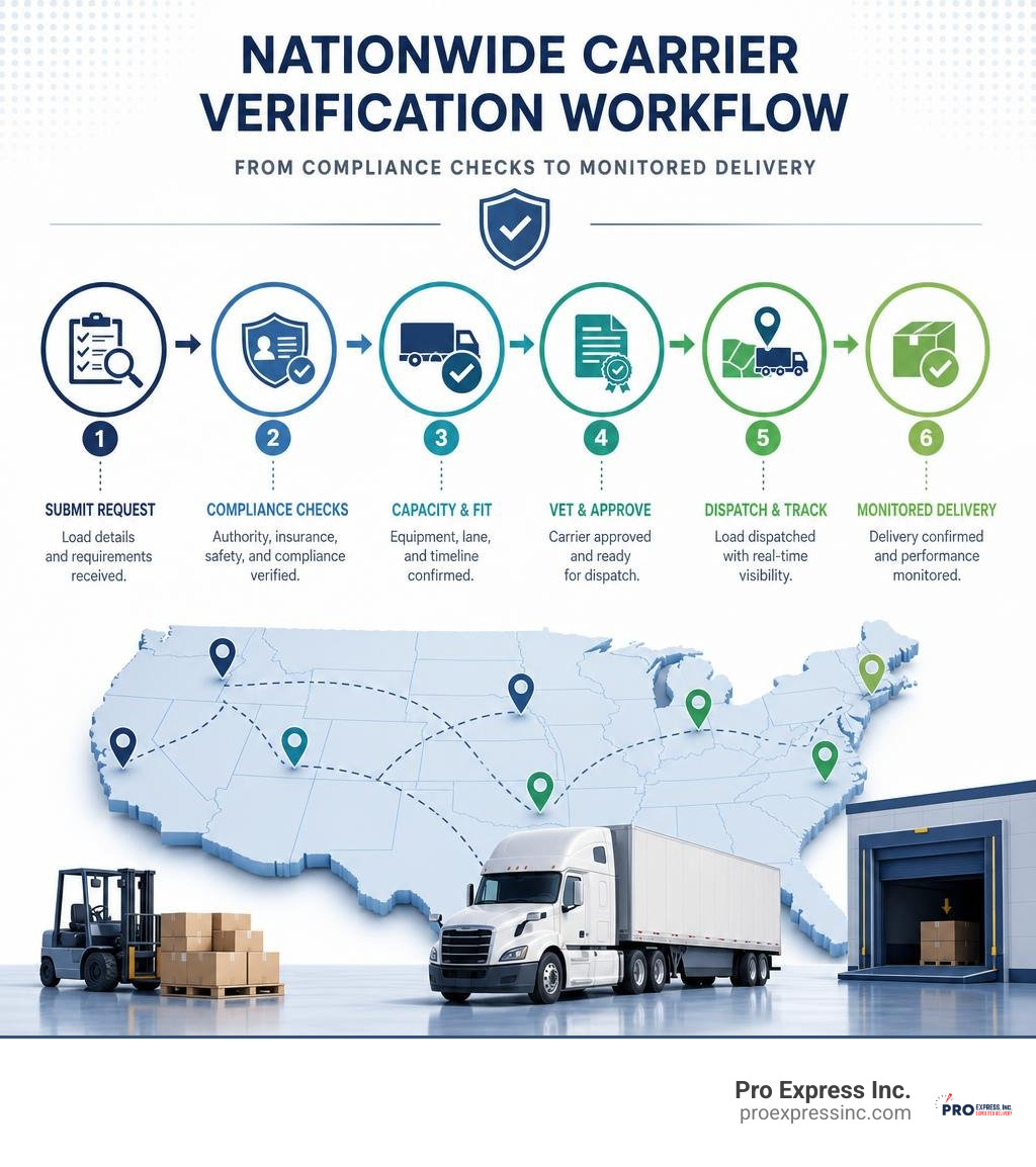 Nationwide carrier verification workflow from compliance checks to monitored delivery infographic