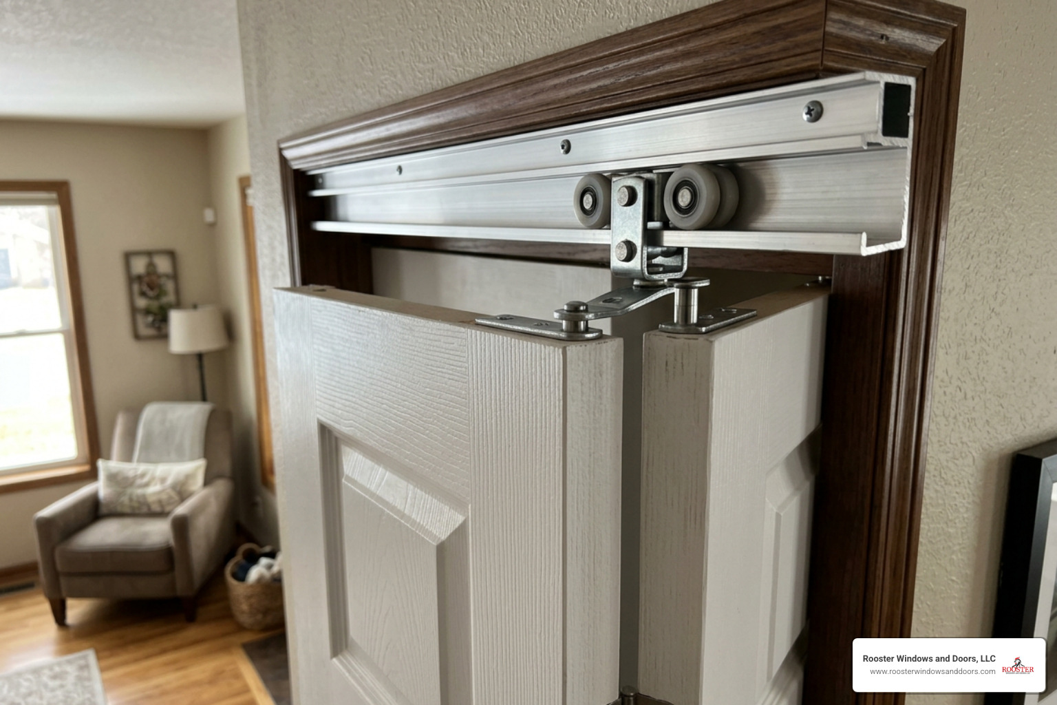 Top-hung bifold track and sliding pivot hardware assembly