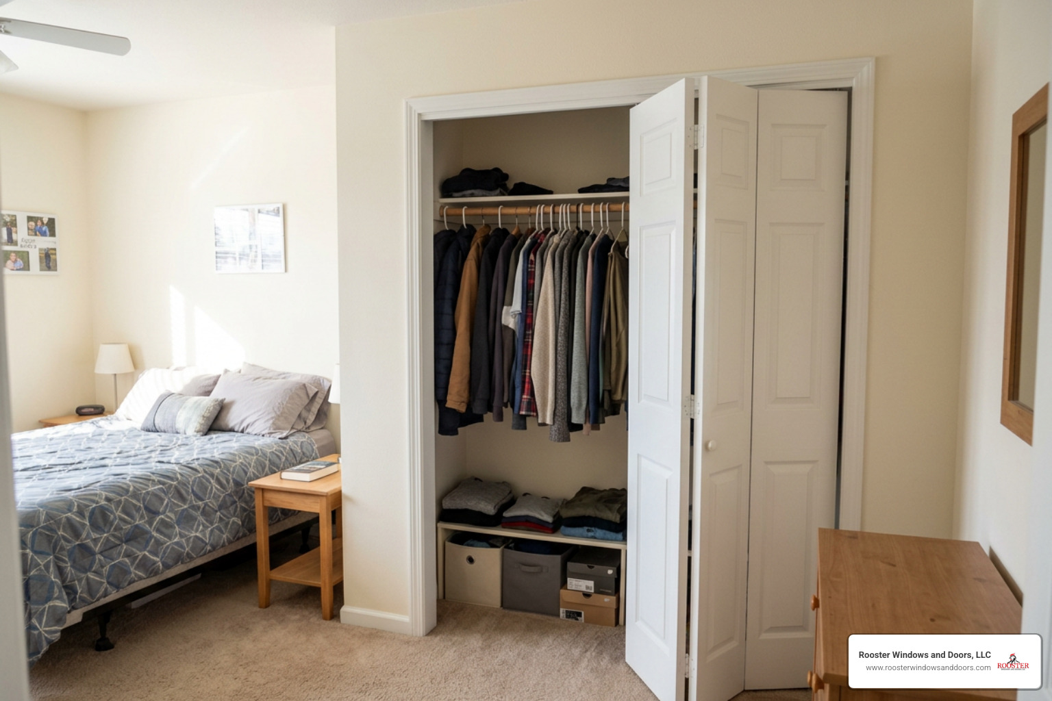 Bi-fold doors installed in residential closets and bedroom openings