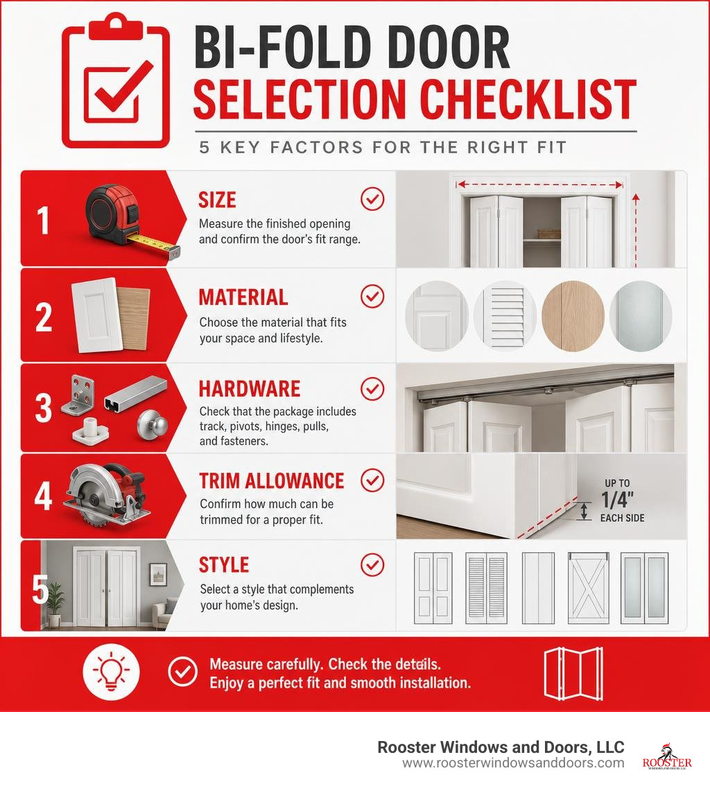 Bi-fold door selection checklist: size, material, hardware, trim allowance, and style infographic