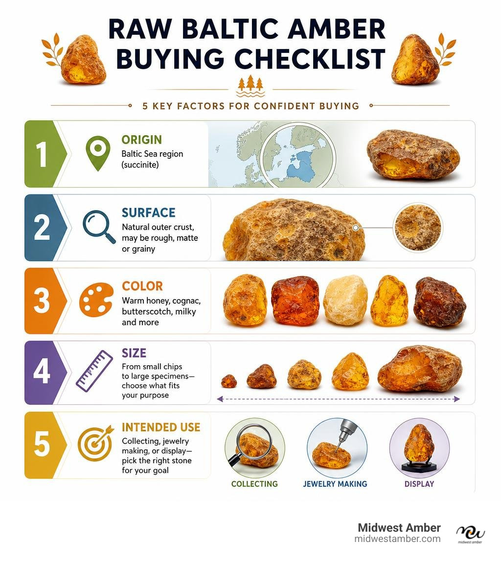Raw Baltic amber buying checklist: origin, surface, color, size, and intended use infographic