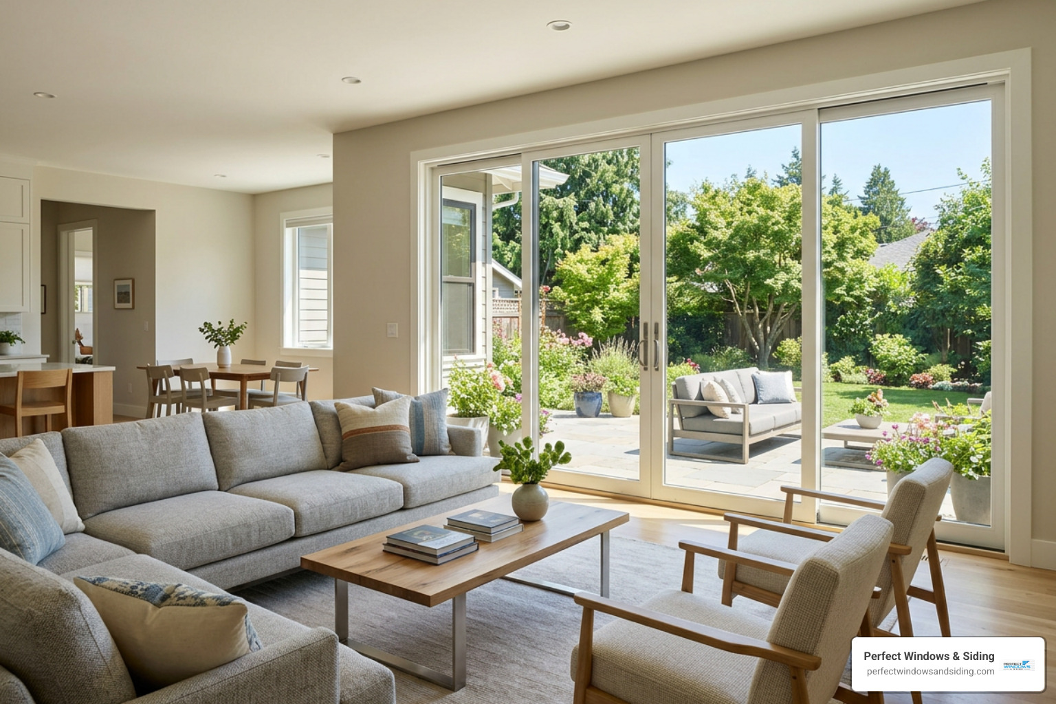 four-panel stacking sliding door system installed in an open-concept home