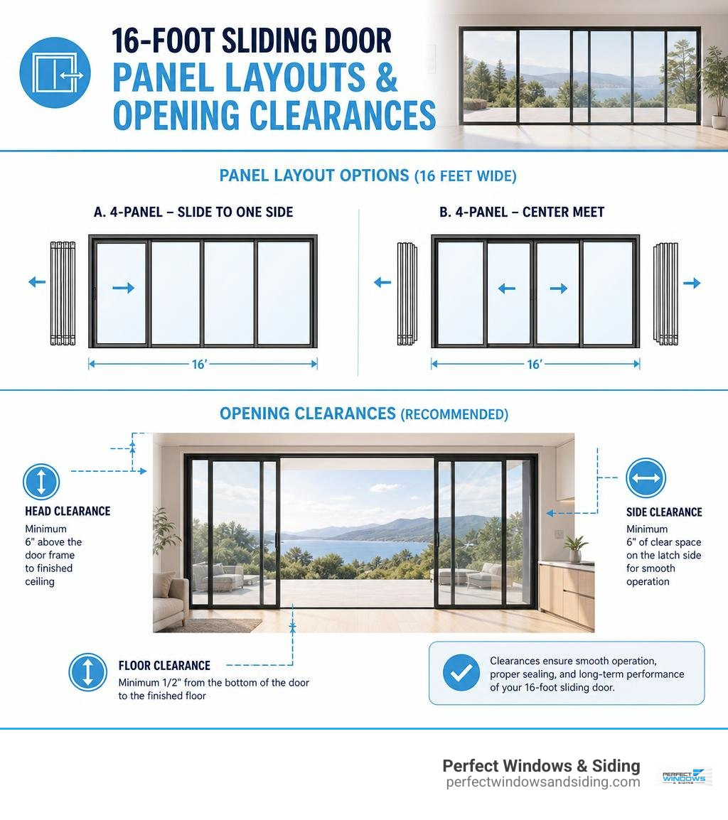 16-foot sliding door panel layouts and opening clearances infographic