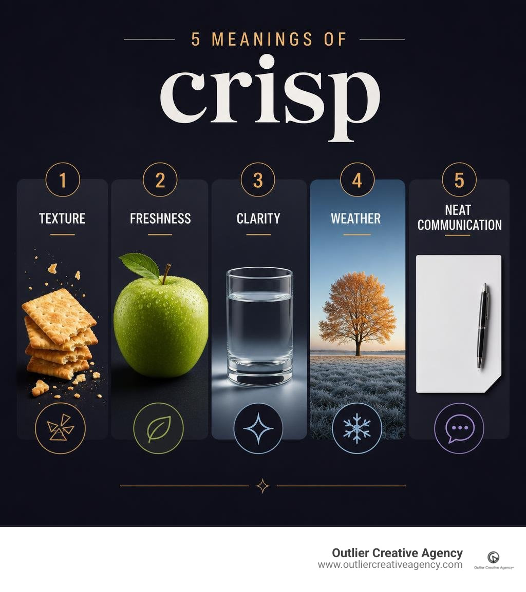 Five meanings of crisp: texture, freshness, clarity, weather, and neat communication infographic