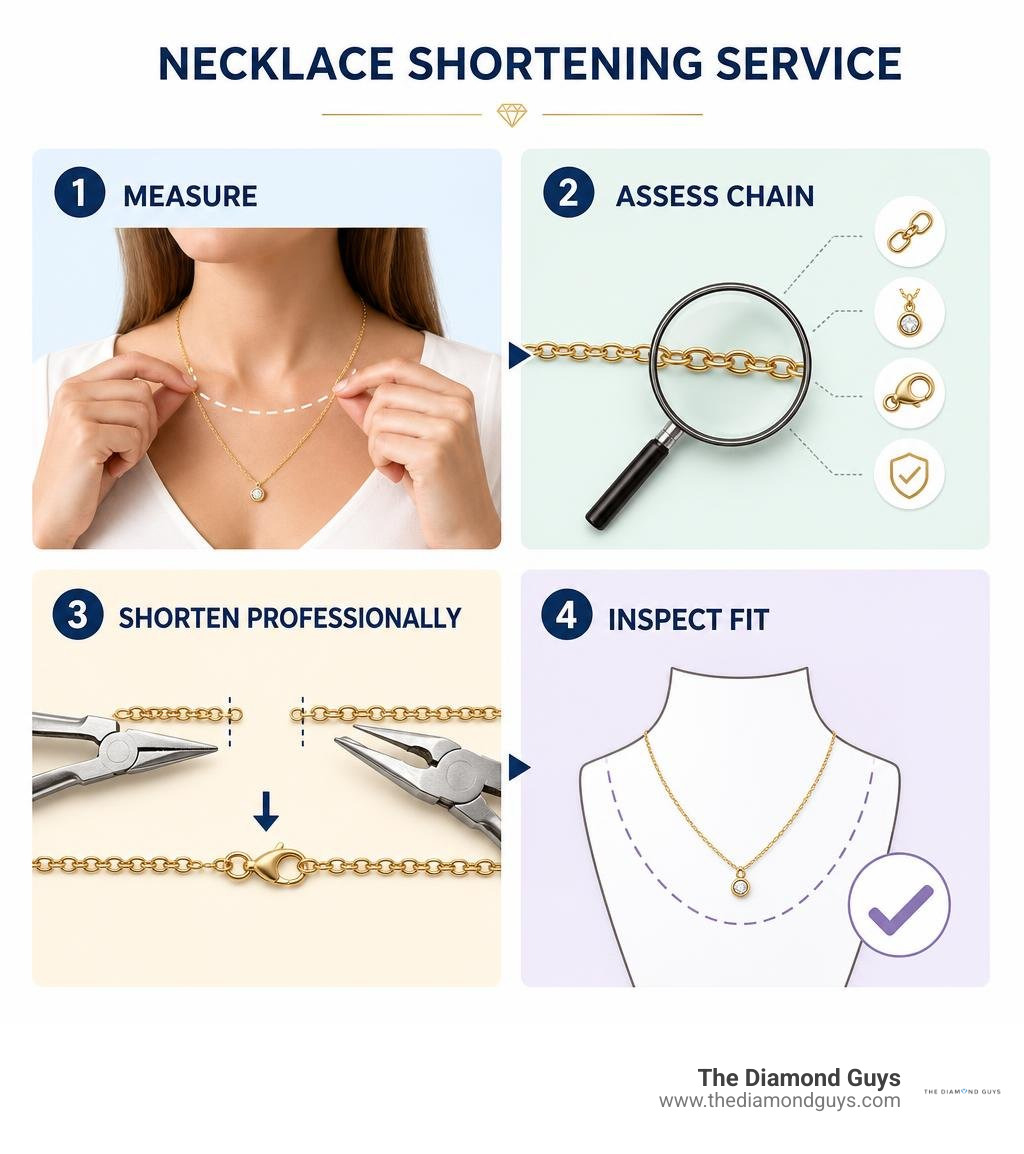 Infographic showing measure, assess chain, shorten professionally, and inspect fit infographic Infographic showing measure, assess chain, shorten professionally, and inspect fit infographic