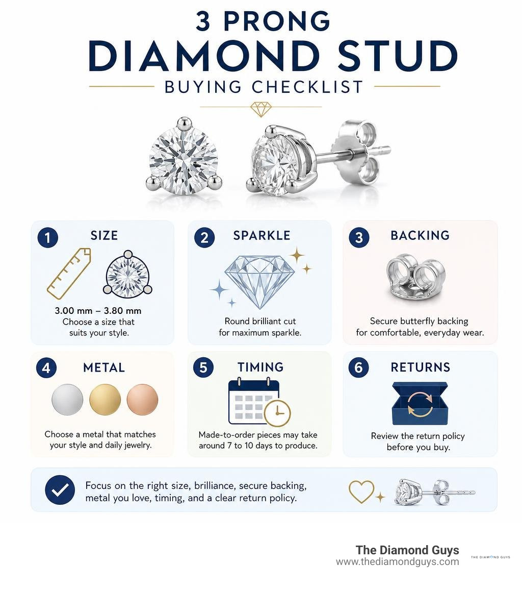 3 prong diamond stud buying checklist: size, sparkle, backing, metal, timing, and returns infographic 3 prong diamond stud buying checklist: size, sparkle, backing, metal, timing, and returns infographic