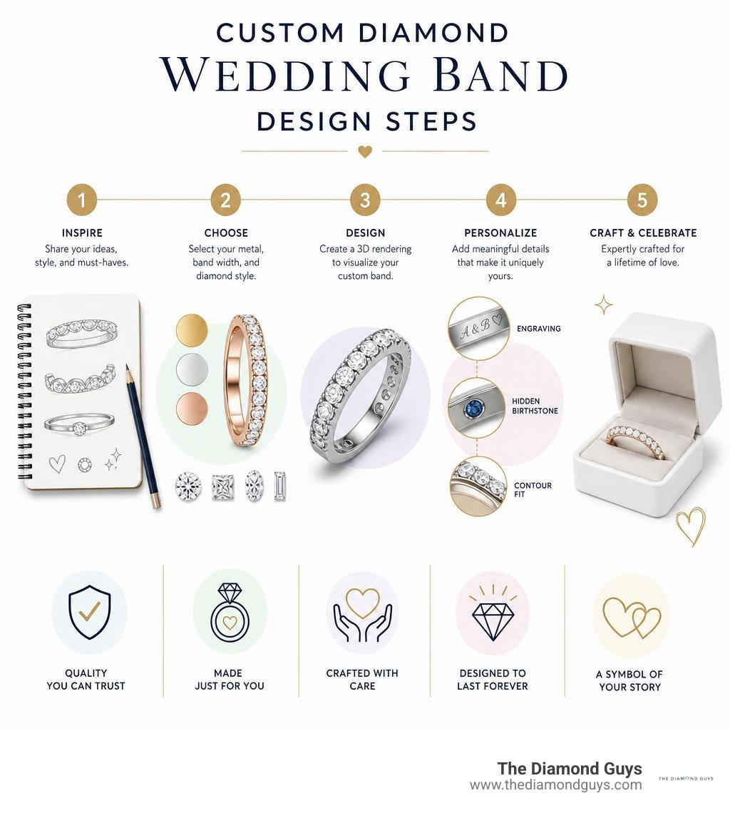 Custom diamond wedding band design steps infographic Custom diamond wedding band design steps infographic
