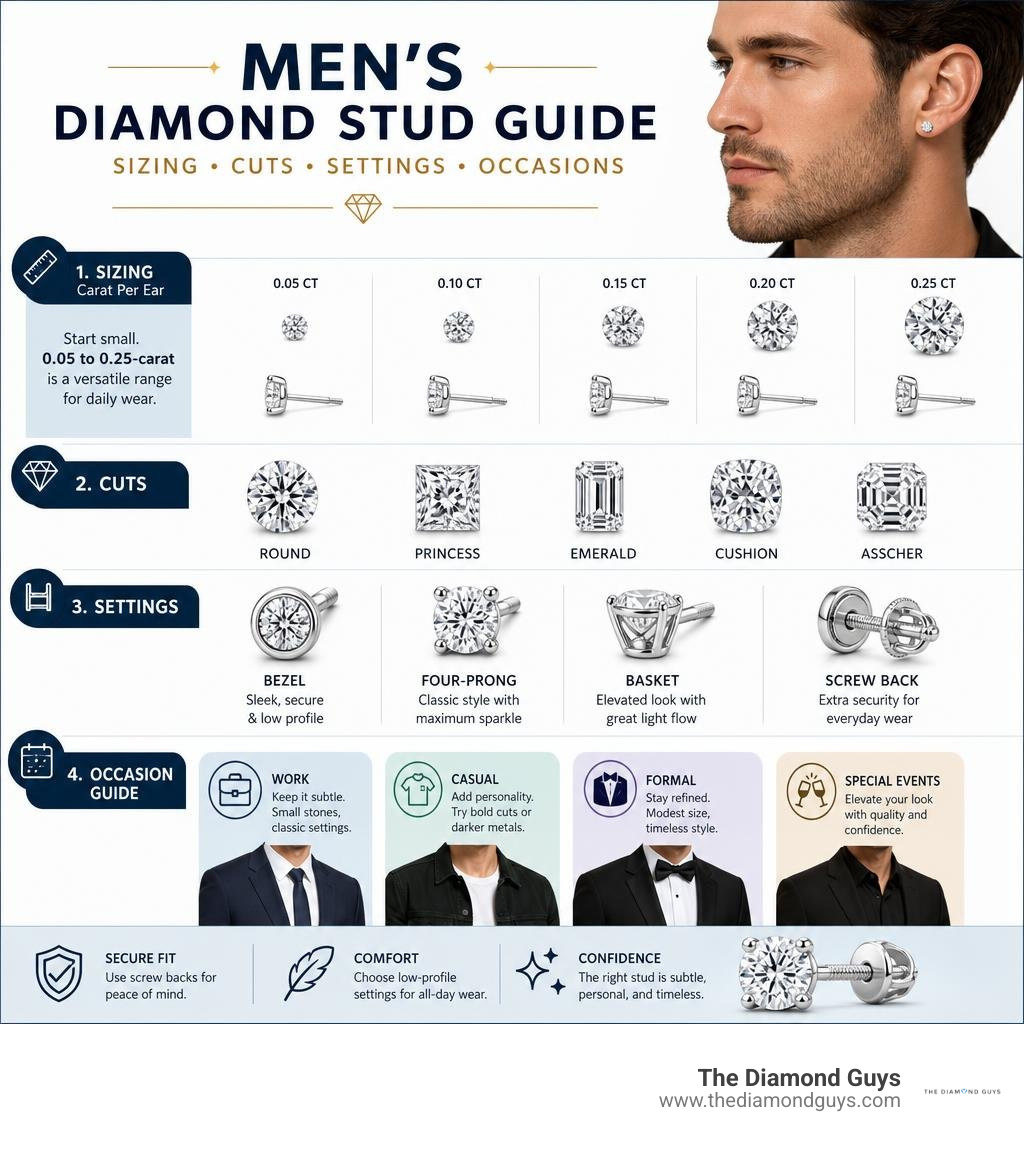 Men's diamond stud sizing, cuts, settings, and occasion guide infographic Men's diamond stud sizing, cuts, settings, and occasion guide infographic