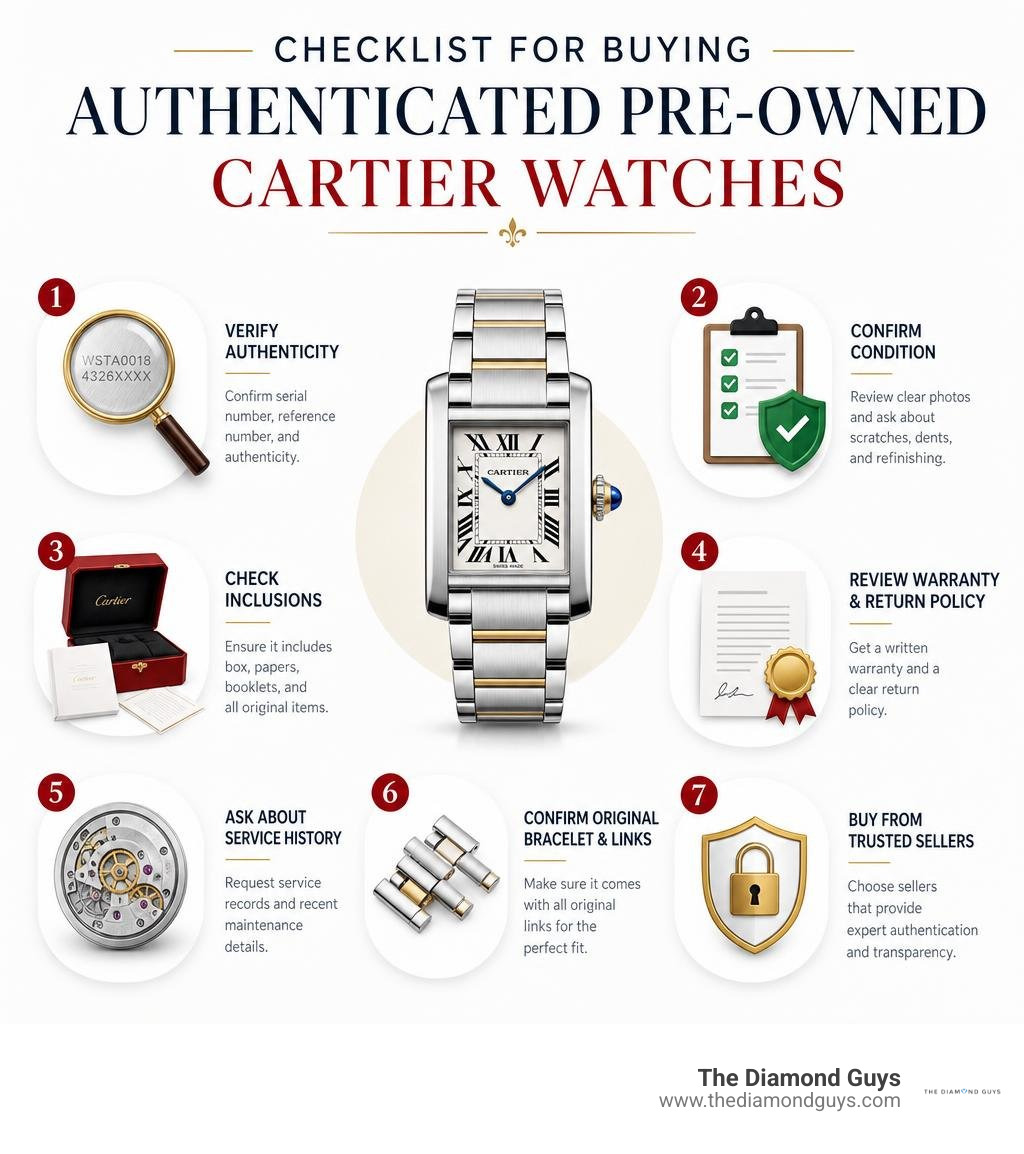 Checklist for buying authenticated pre-owned Cartier watches infographic Checklist for buying authenticated pre-owned Cartier watches infographic