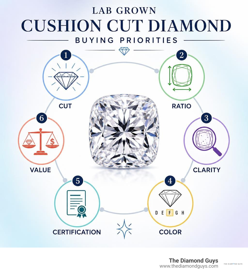 Lab grown cushion cut diamond buying priorities: cut, ratio, clarity, color, certification, value infographic Lab grown cushion cut diamond buying priorities: cut, ratio, clarity, color, certification, value infographic