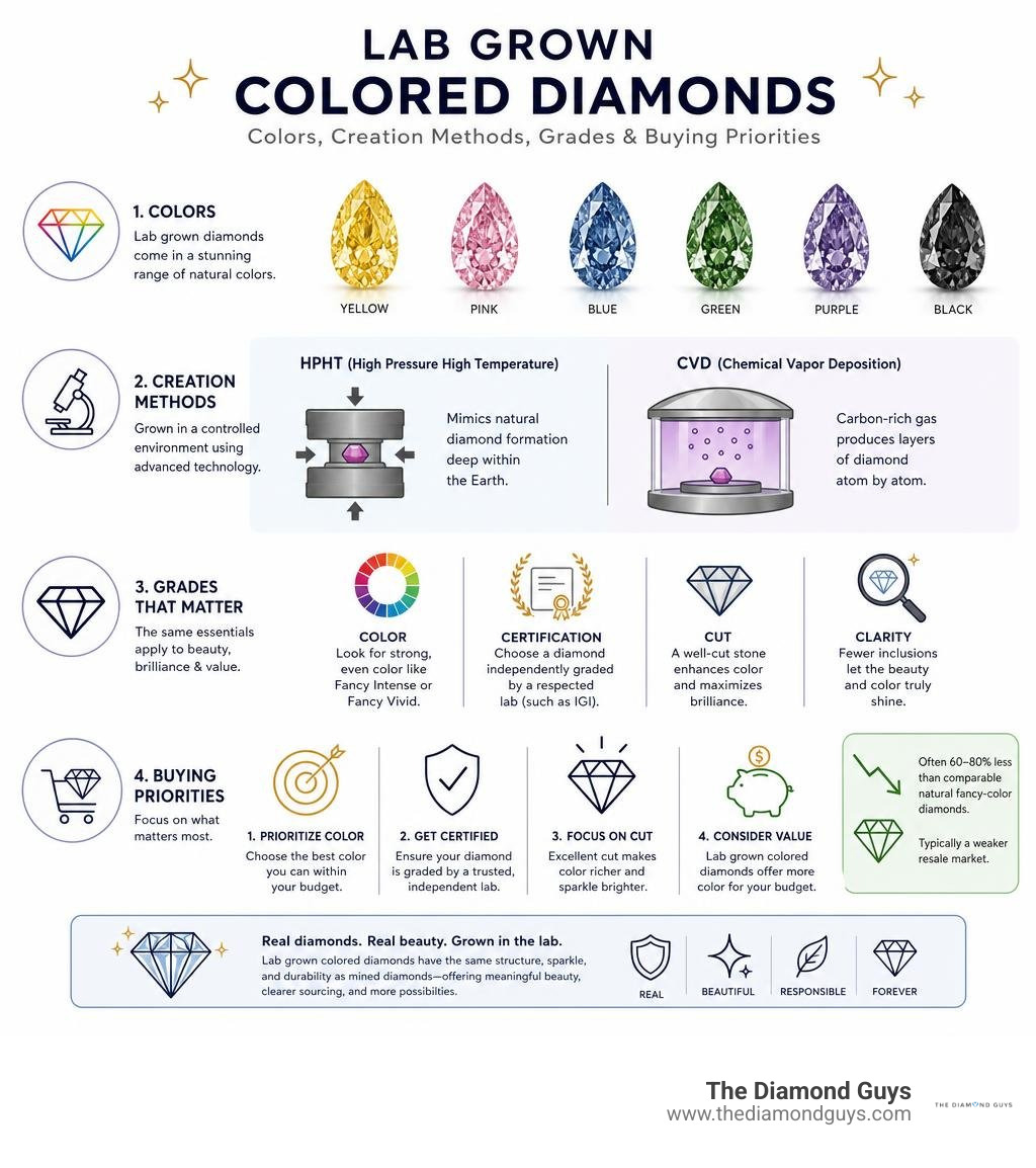 Lab grown colored diamond colors, creation methods, grades, and buying priorities infographic Lab grown colored diamond colors, creation methods, grades, and buying priorities infographic