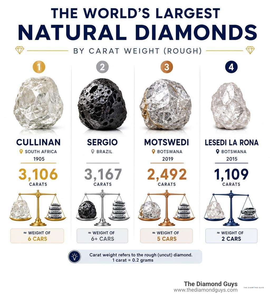 Infographic comparing Cullinan, Sergio, Motswedi, and Lesedi La Rona by carat weight infographic Infographic comparing Cullinan, Sergio, Motswedi, and Lesedi La Rona by carat weight infographic