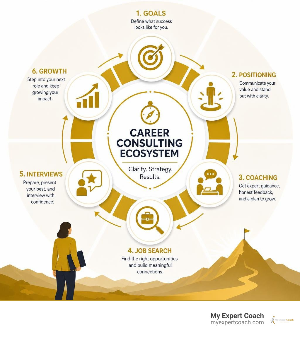 Career consulting ecosystem: goals, positioning, coaching, job search, interviews, and growth infographic Career consulting ecosystem: goals, positioning, coaching, job search, interviews, and growth infographic