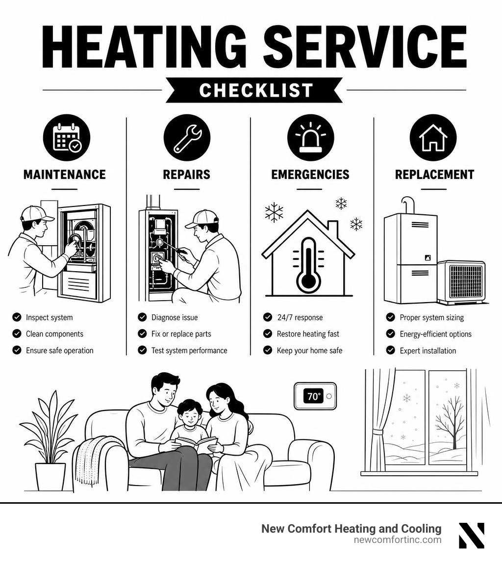Heating service checklist for maintenance repairs emergencies and replacement infographic Heating service checklist for maintenance repairs emergencies and replacement infographic