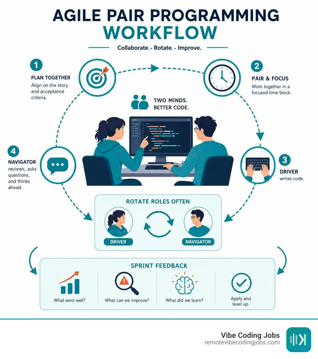 Agile pair programming workflow with driver navigator role rotation and sprint feedback infographic