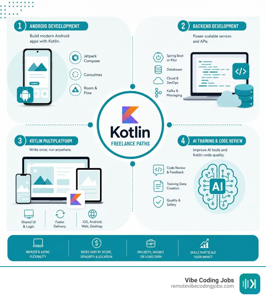 Infographic showing Kotlin freelance paths: Android, backend, multiplatform, and AI training infographic