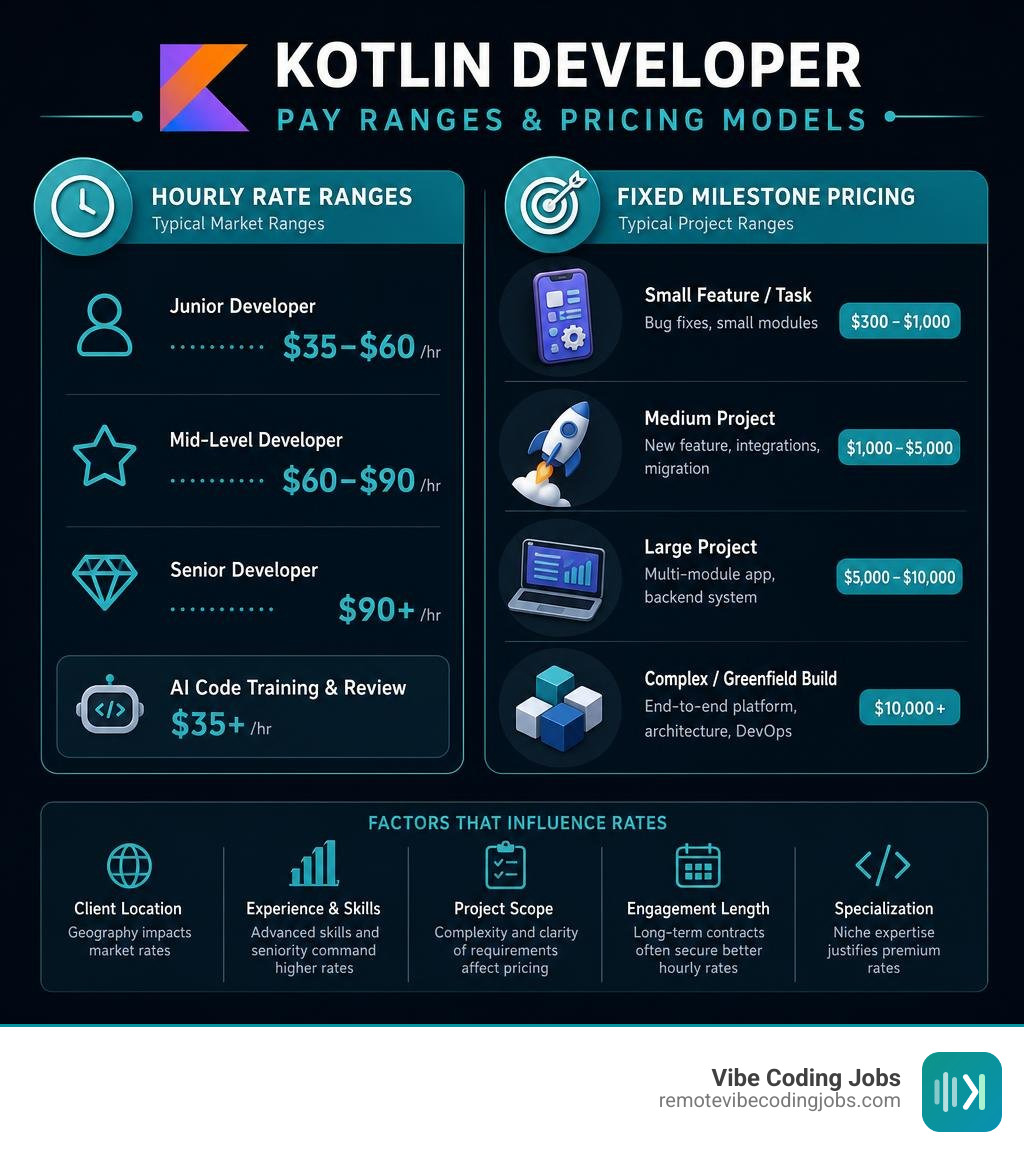 Infographic displaying hourly rate ranges and fixed milestone pricing for Kotlin developers infographic