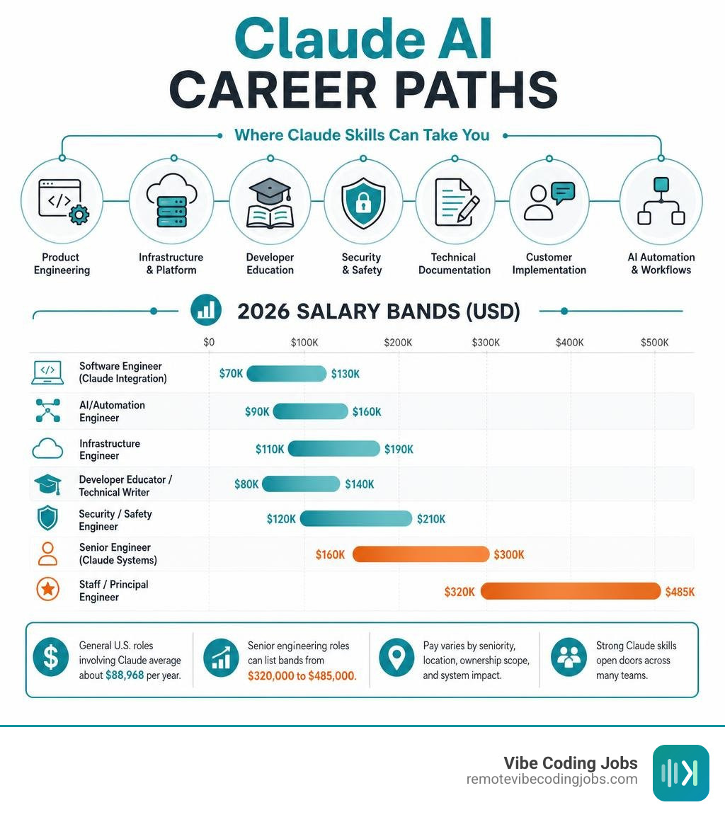 Claude AI career paths and 2026 salary bands infographic