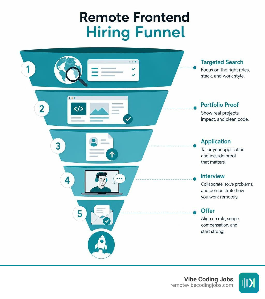 Remote frontend hiring funnel: targeted search, portfolio proof, application, interview, offer infographic Remote frontend hiring funnel: targeted search, portfolio proof, application, interview, offer infographic